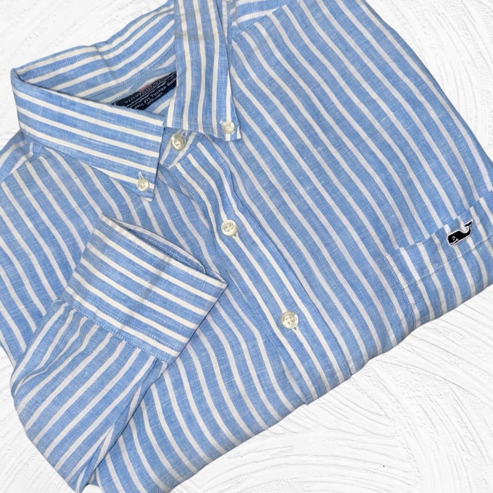 Vineyard Vines Classic Fit Tucker Shirt Linen XXL  Blue White Stripe Long Sleeve